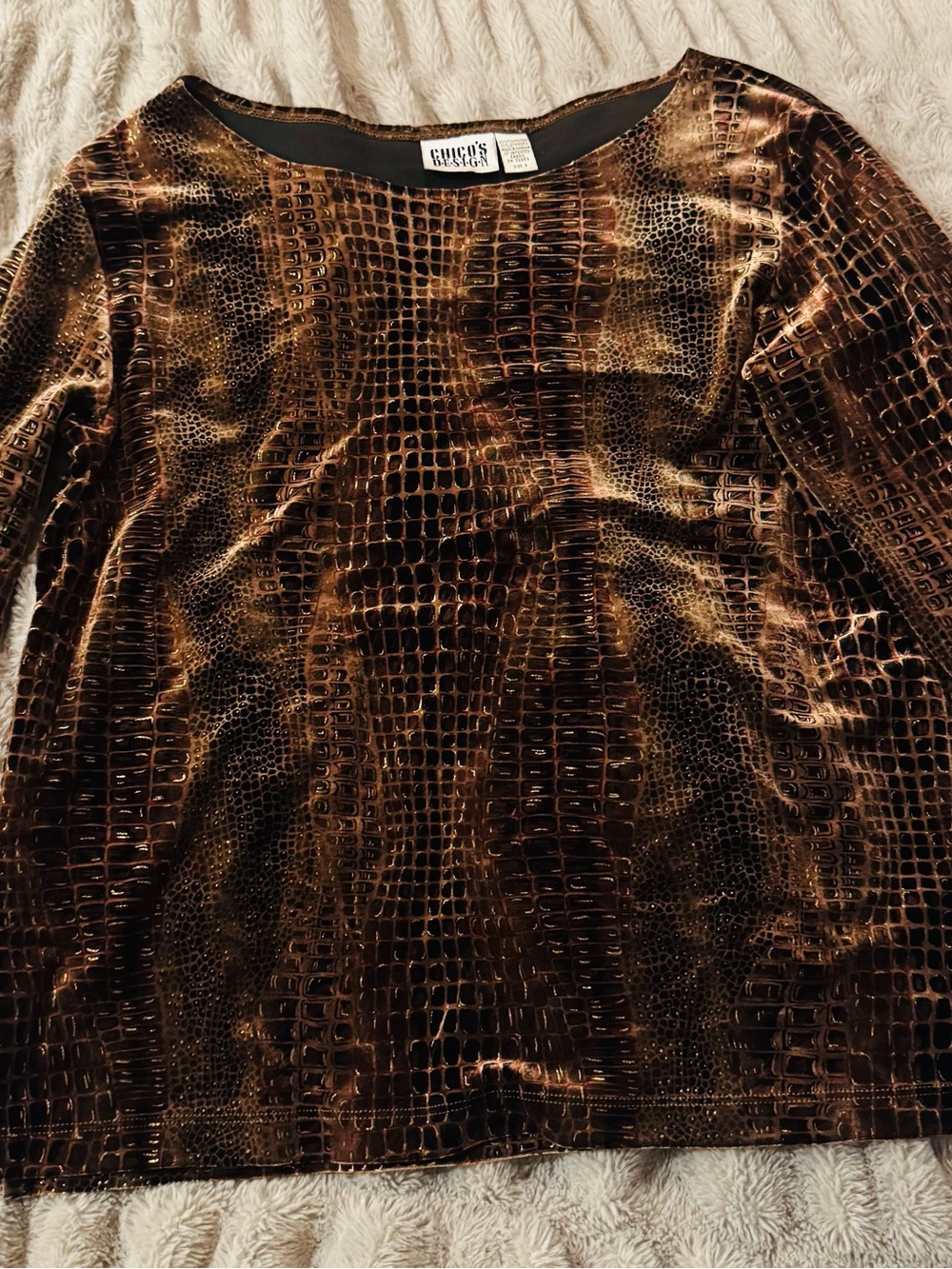 Chico's Metallic Brown Croc-Embossed Velvet Long-Sleeved Top